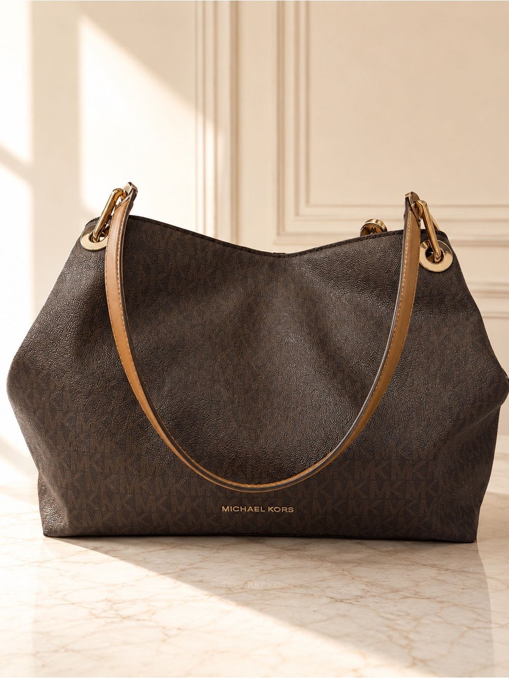 Michael Kors Raven Dark Brown Logo Shoulder Bag with Tan Straps